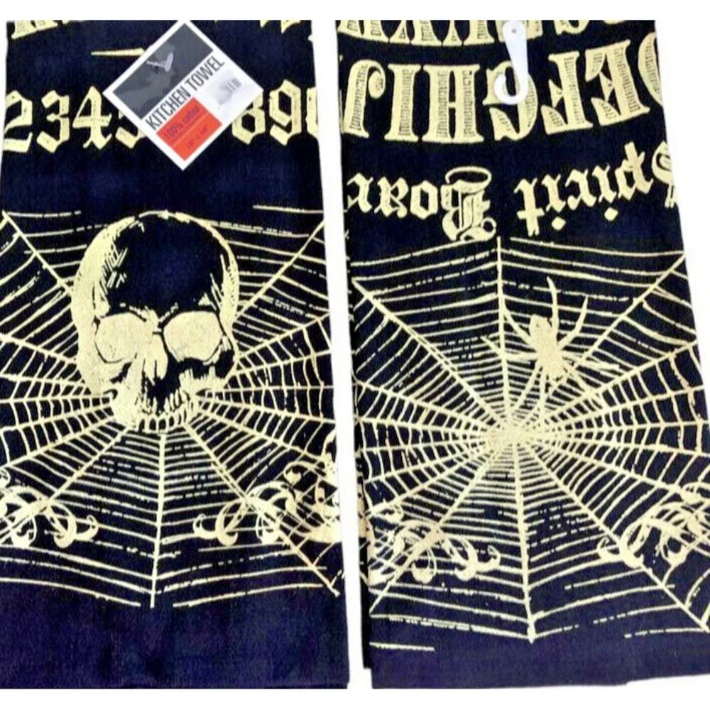 Halloween Kitchen Dish Towels Set of 2 Gold Black Skull Ouija Board 100% Cotton